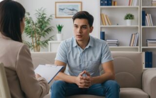 Young man sitting on sofa during counseling session in office